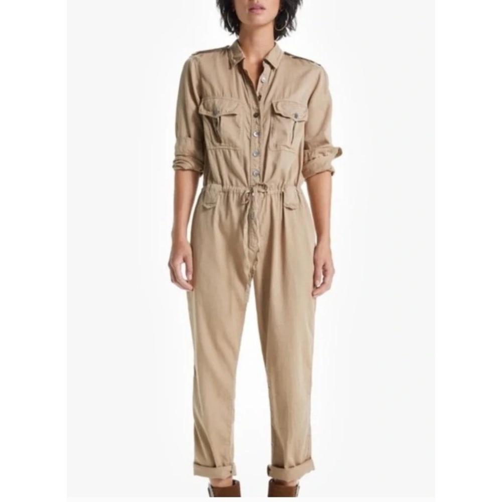 Xirena Jumpsuit Cotton Utility Military Tan Button Front Safari Casual Womens XS